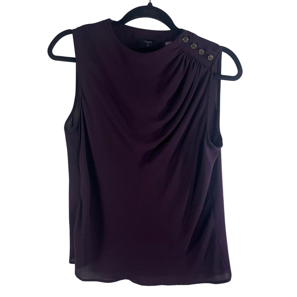 Tahari Plum Sleeveless Draped Blouse Gold Button Shoulder Top Women's Small
